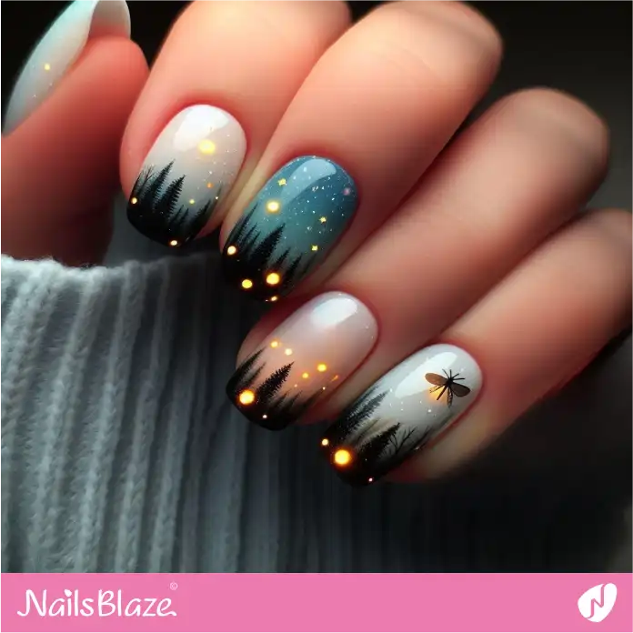 Pine Trees French Nail Design with a Dreamy Night Scene | Love the Forest Nails - NB2866